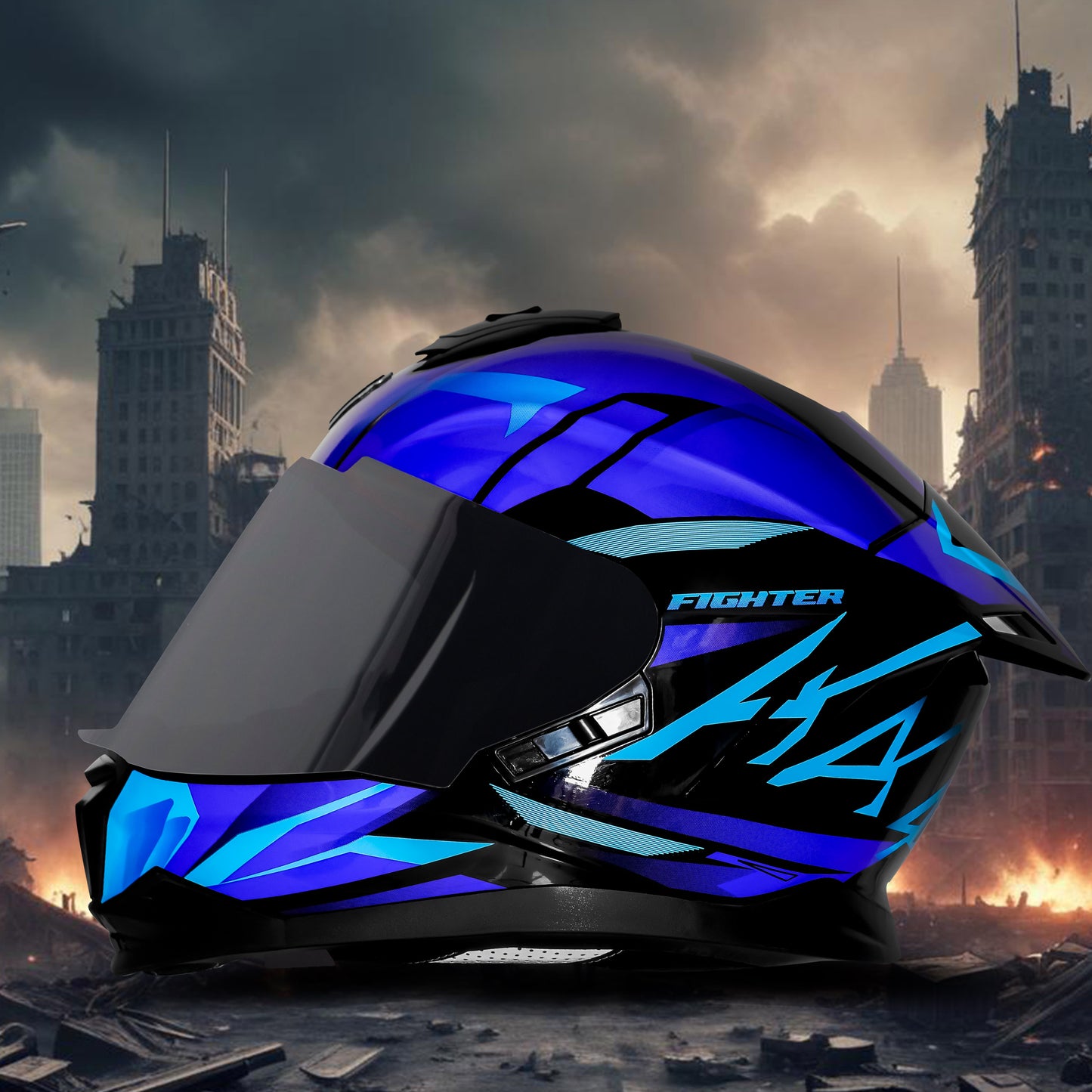 Steelbird SBH-57 Fighter F4 ISI and DOT Certified Full Face Helmet for Men and Women with Inner Silver Sun Shield  (Glossy Black Sky Blue)