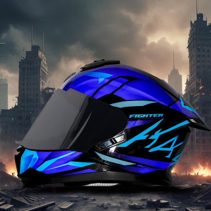 Steelbird SBH-57 Fighter F4 ISI and DOT Certified Full Face Helmet for Men and Women with Inner Silver Sun Shield  (Glossy Black Sky Blue)