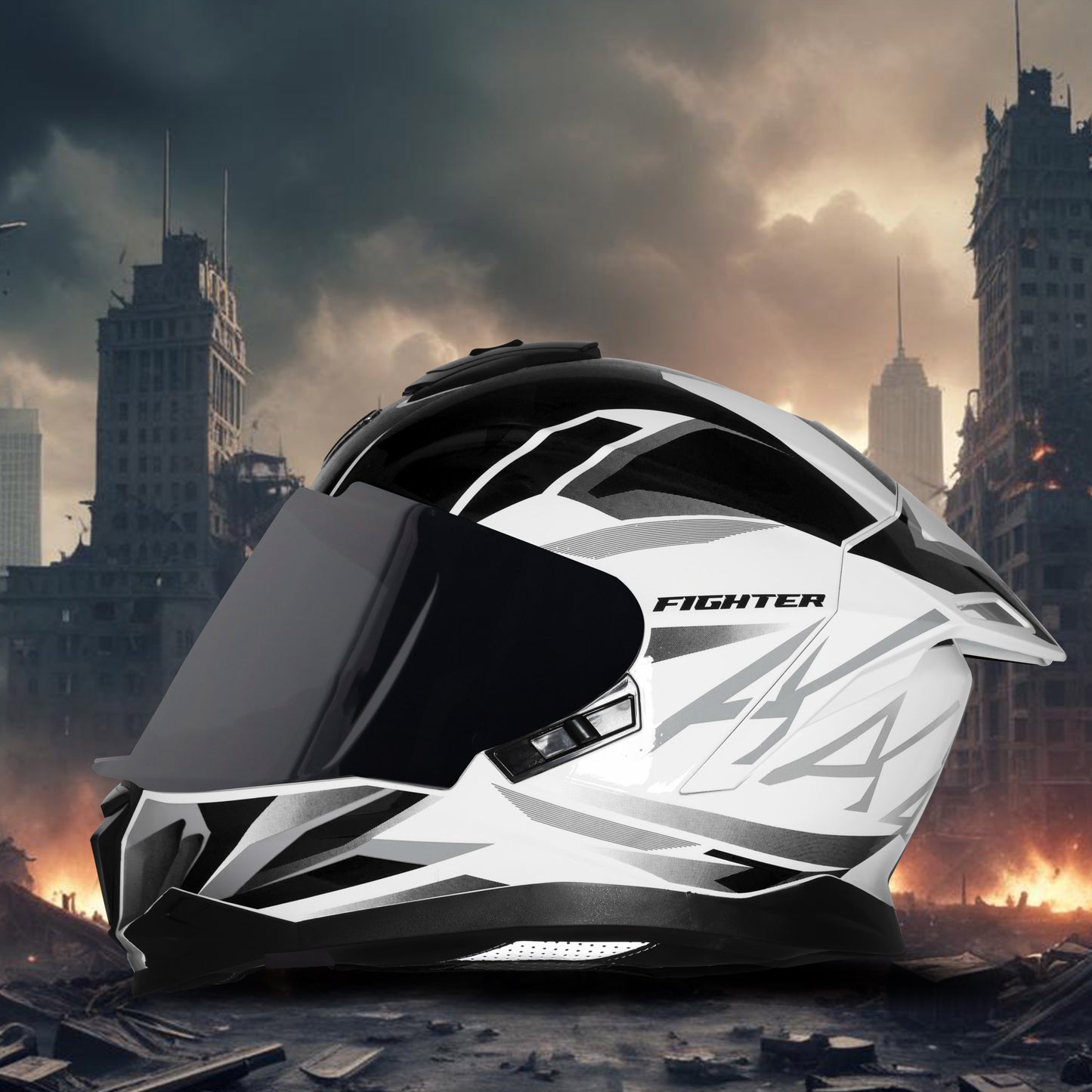 Steelbird SBH-57 Fighter F4 ISI and DOT Certified Full Face Helmet for Men and Women with Inner Silver Sun Shield (Glossy White Black)