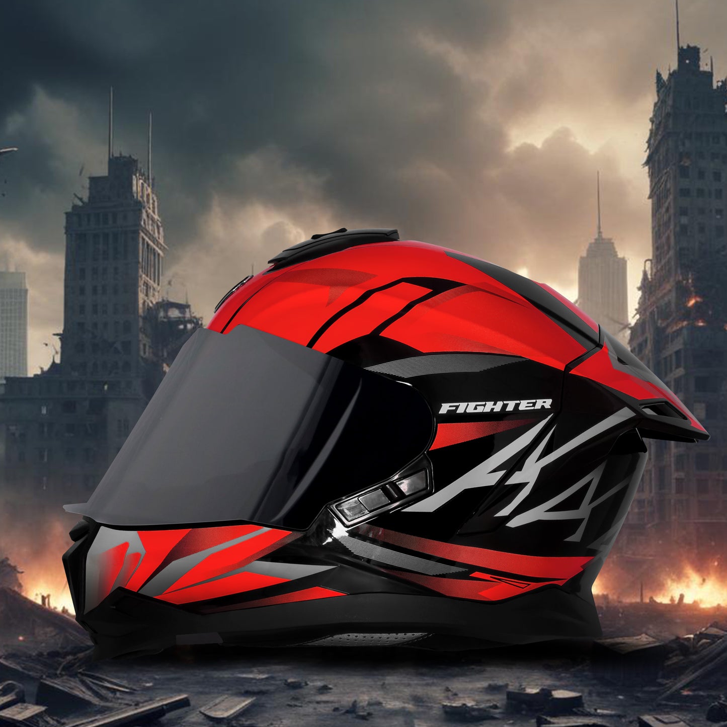 Steelbird SBH-57 Fighter F4 ISI and DOT Certified Full Face Helmet for Men and Women with Inner Silver Sun Shield  (Glossy Black Red)