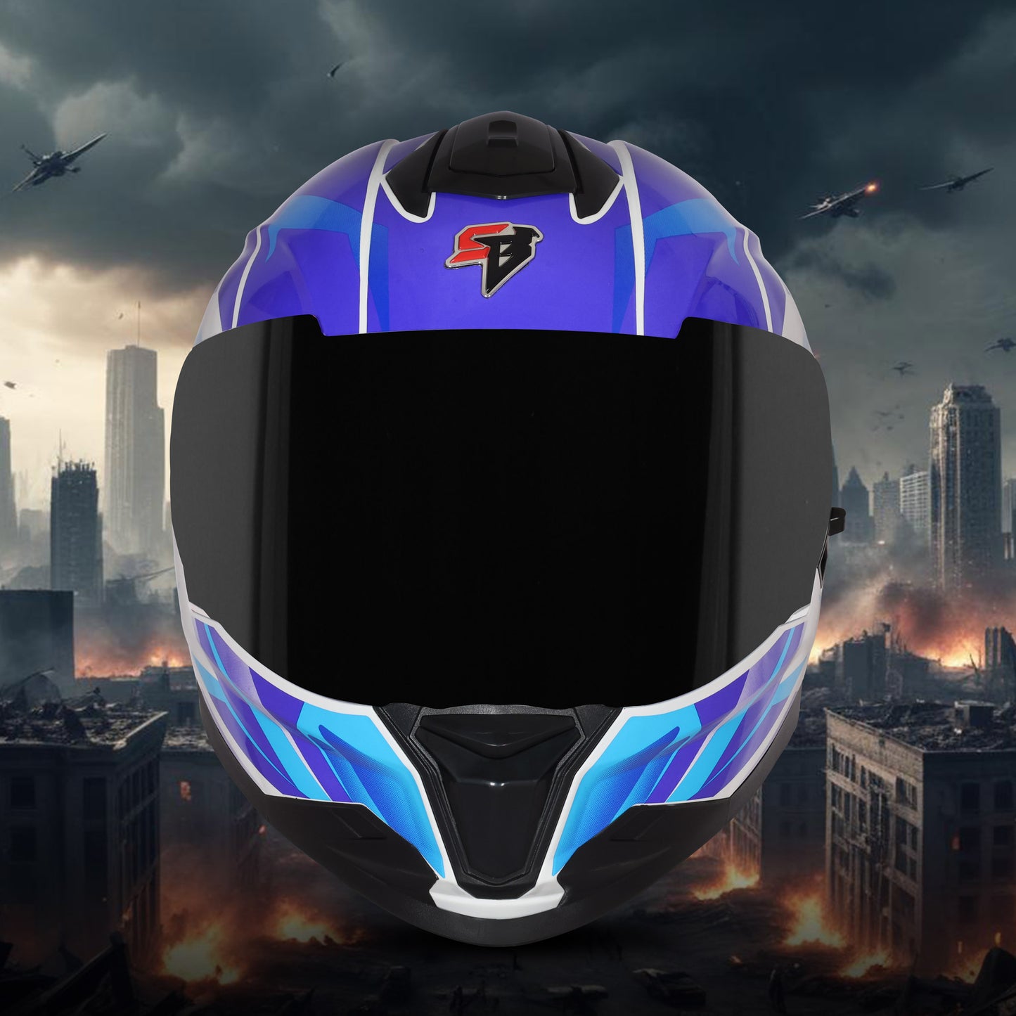 Steelbird SBH-57 Fighter F4 ISI and DOT Certified Full Face Helmet for Men and Women with Inner Silver Sun Shield  (Glossy White Sky Blue)