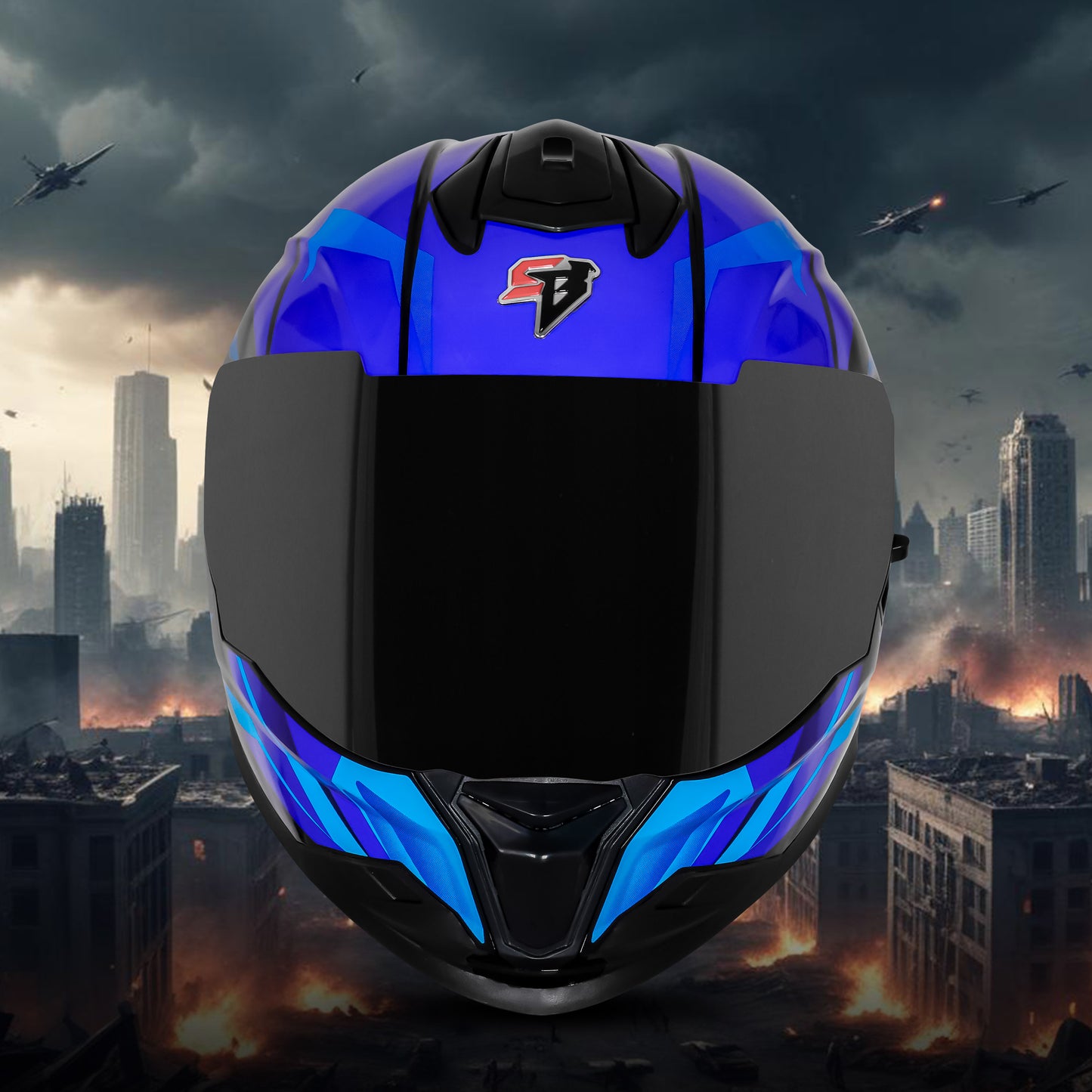 Steelbird SBH-57 Fighter F4 ISI and DOT Certified Full Face Helmet for Men and Women with Inner Silver Sun Shield  (Glossy Black Sky Blue)