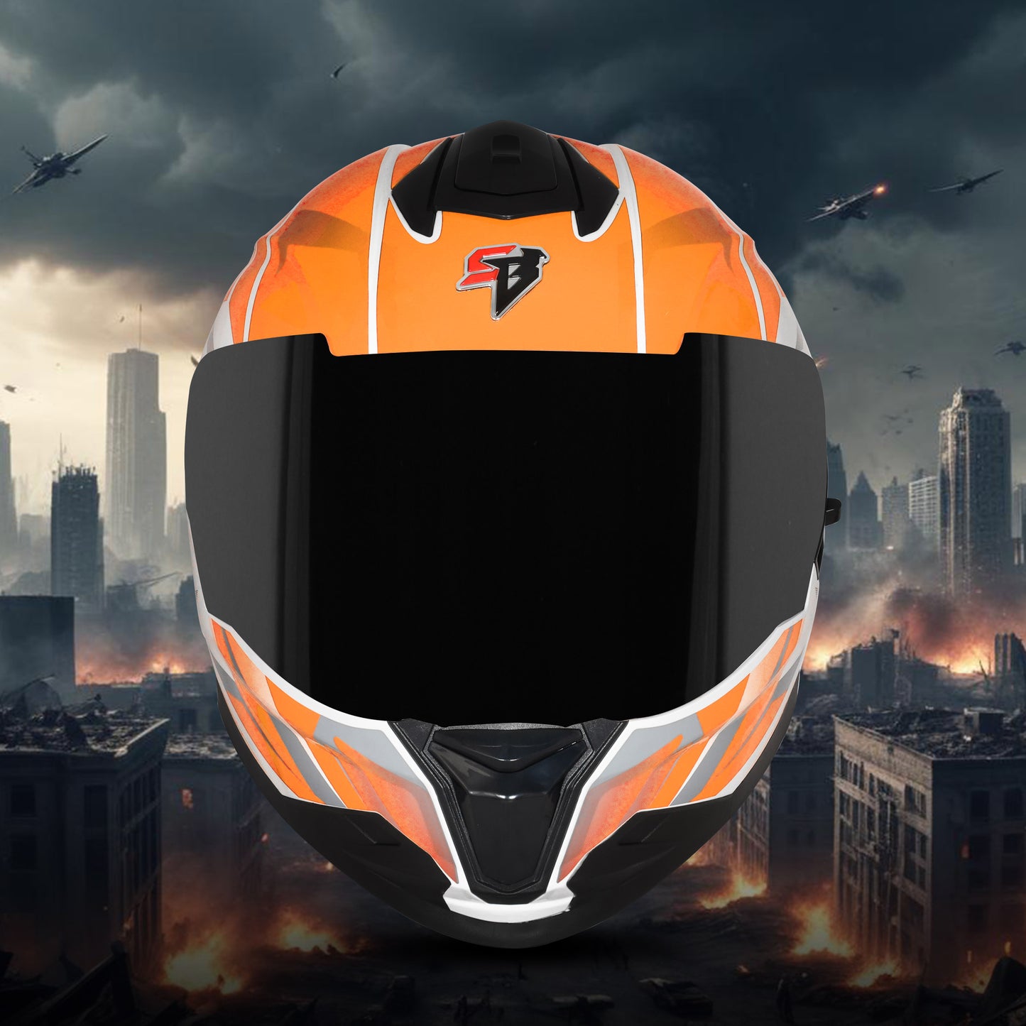 Steelbird SBH-57 Fighter F4 ISI and DOT Certified Full Face Helmet for Men and Women with Inner Silver Sun Shield  (Glossy White Orange)