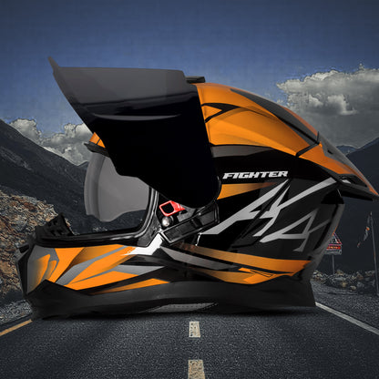Steelbird SBH-57 Fighter F4 ISI and DOT Certified Full Face Helmet for Men and Women with Inner Silver Sun Shield (Glossy Black Orange)