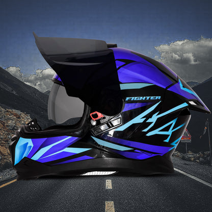 Steelbird SBH-57 Fighter F4 ISI and DOT Certified Full Face Helmet for Men and Women with Inner Silver Sun Shield  (Glossy Black Sky Blue)