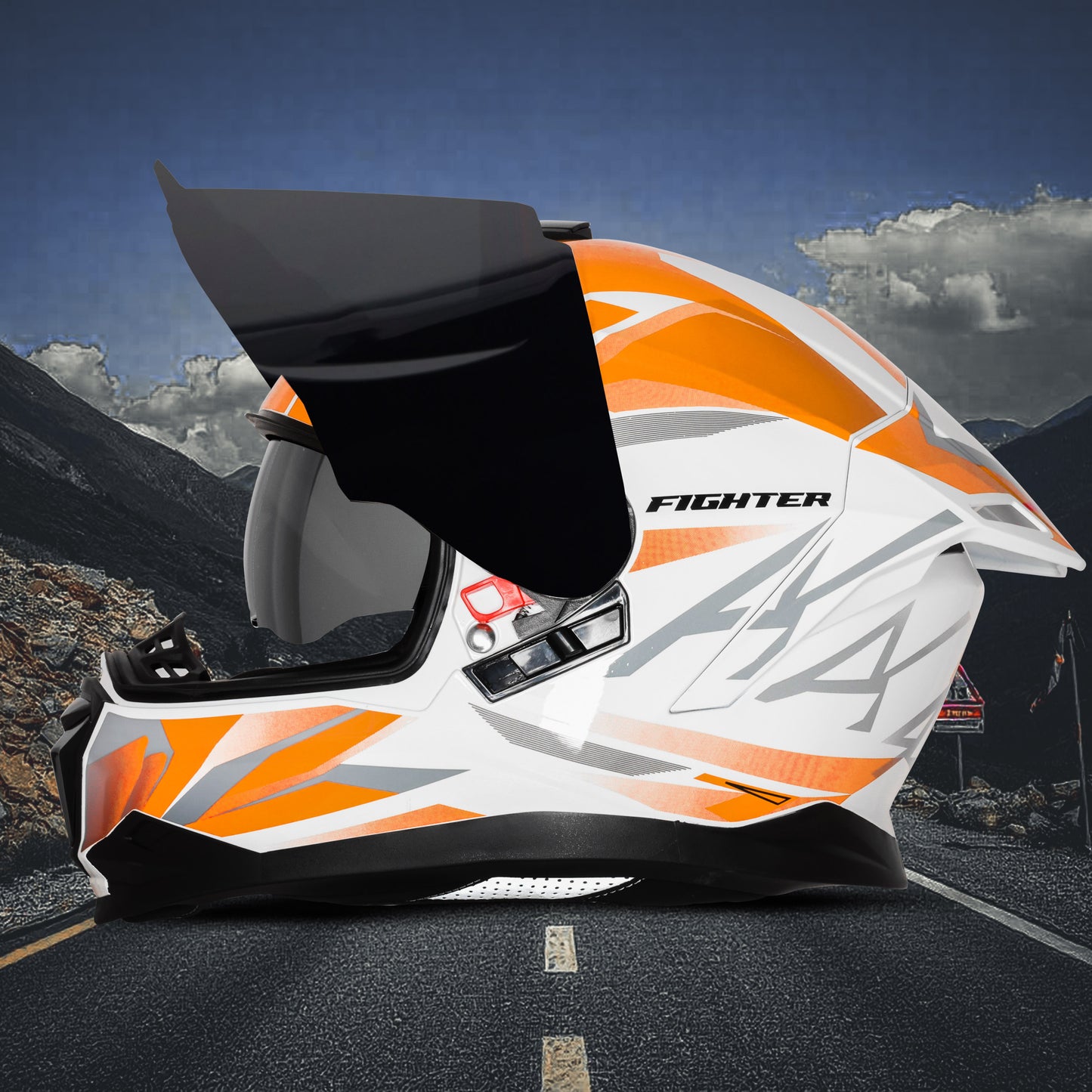 Steelbird SBH-57 Fighter F4 ISI and DOT Certified Full Face Helmet for Men and Women with Inner Silver Sun Shield  (Glossy White Orange)