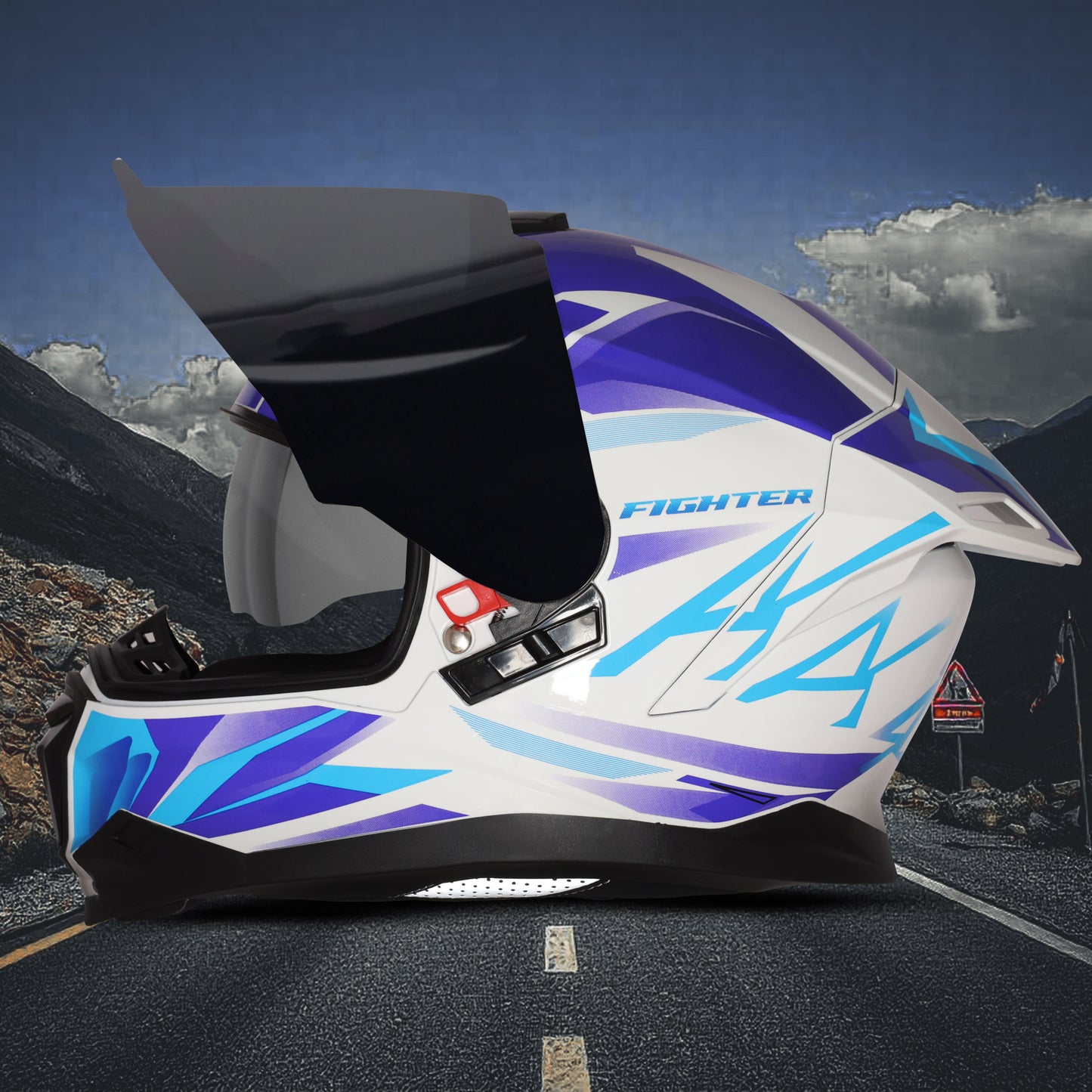 Steelbird SBH-57 Fighter F4 ISI and DOT Certified Full Face Helmet for Men and Women with Inner Silver Sun Shield  (Glossy White Sky Blue)