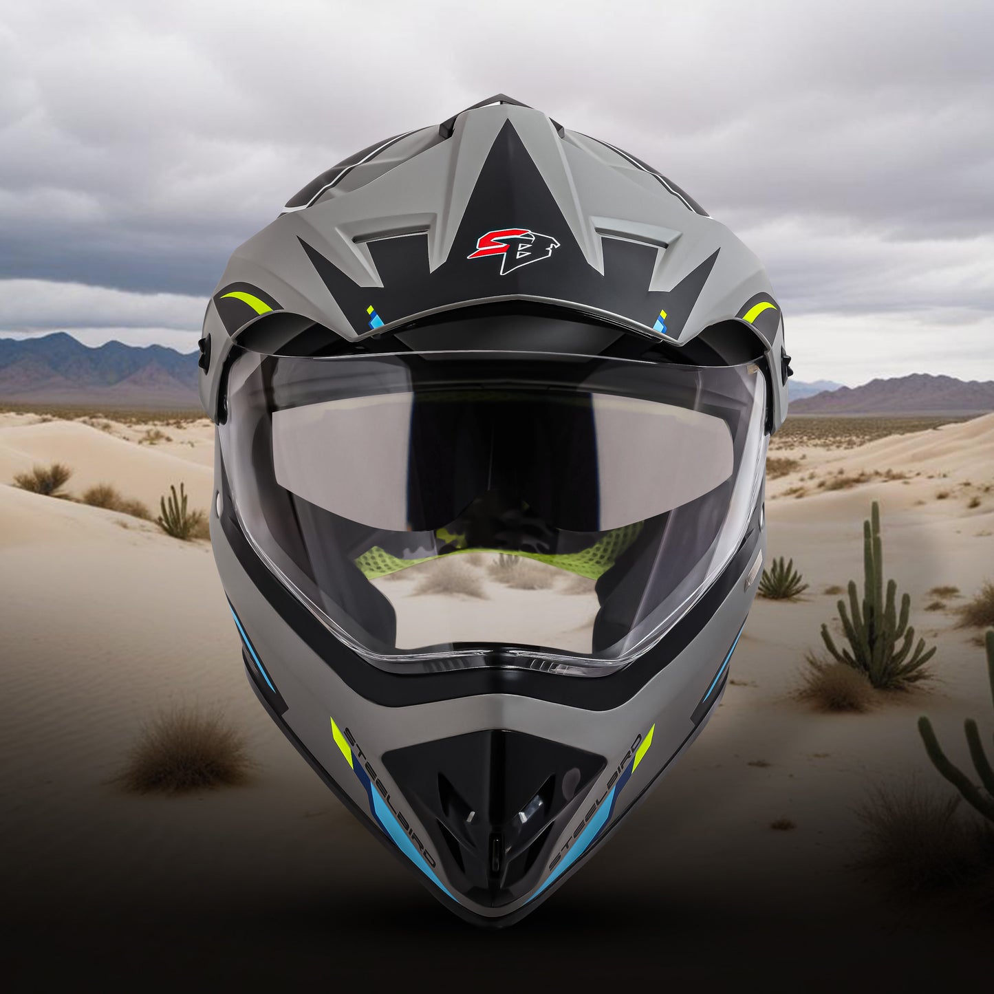 Steelbird Racer Off Road ISI Certified Motocross Double Visor Full Face Graphic Helmet Outer Clear Visor and Inner Silver Sun Shield (Glossy Grey Neon)