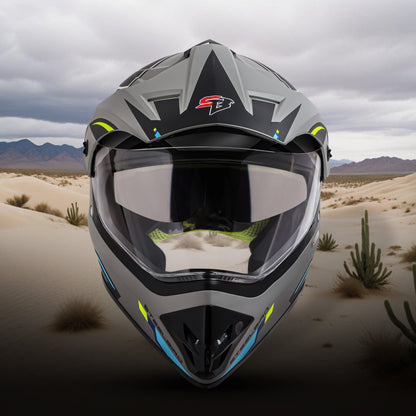 Steelbird Racer Off Road ISI Certified Motocross Double Visor Full Face Graphic Helmet Outer Clear Visor and Inner Silver Sun Shield (Glossy Grey Neon)