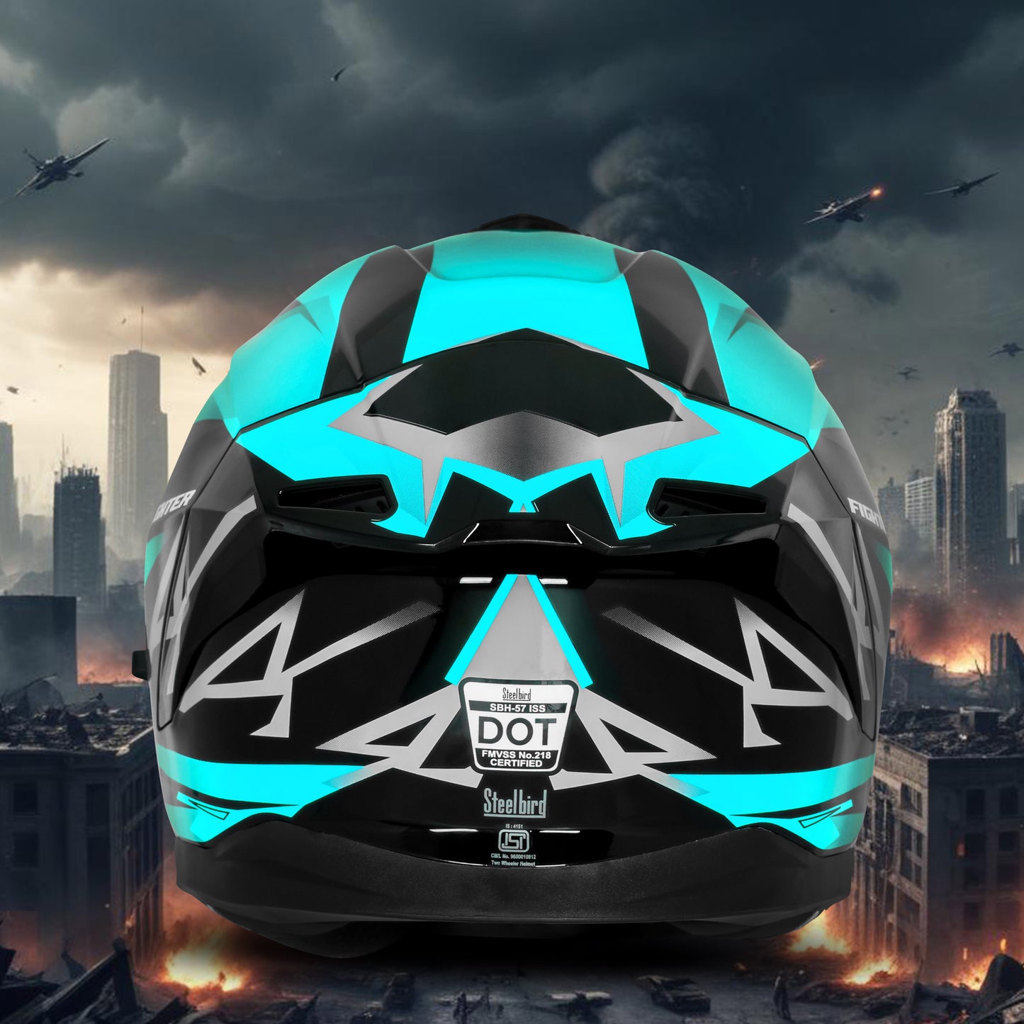 Steelbird SBH-57 Fighter F4 ISI and DOT Certified Full Face Helmet for Men and Women with Inner Silver Sun Shield (Glossy Black Sea Green)