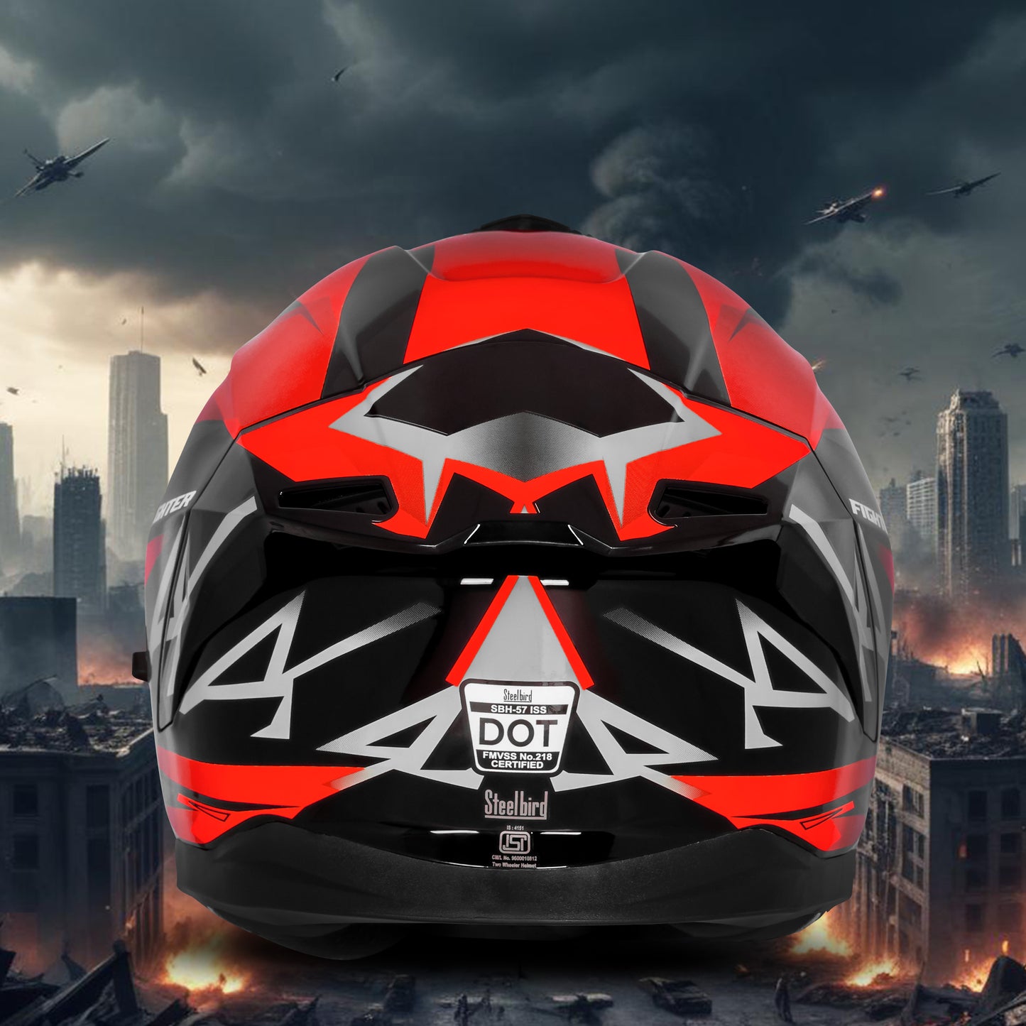 Steelbird SBH-57 Fighter F4 ISI and DOT Certified Full Face Helmet for Men and Women with Inner Silver Sun Shield  (Glossy Black Red)