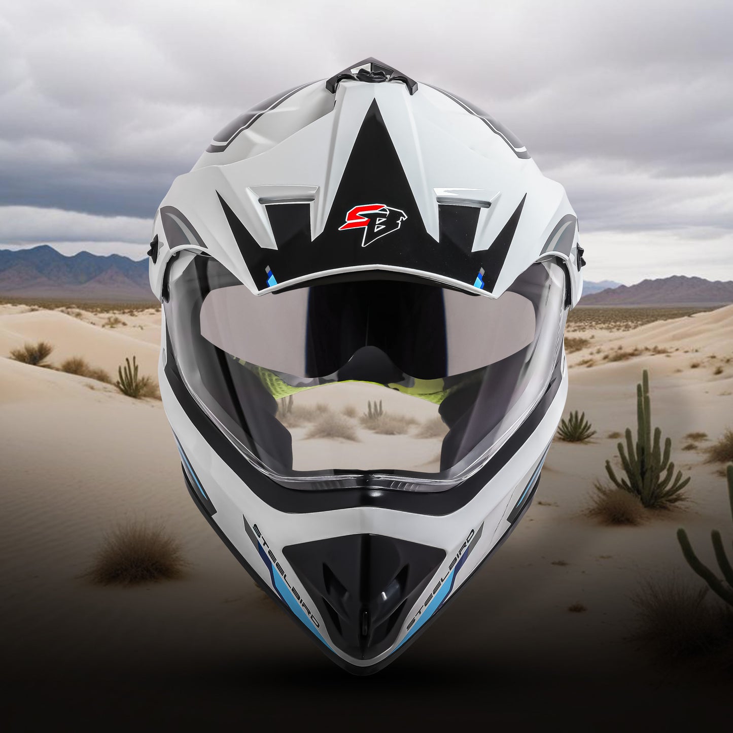 Steelbird Racer Off Road ISI Certified Motocross Double Visor Full Face Graphic Helmet Outer Clear Visor and Inner Silver Sun Shield (Glossy White Grey)