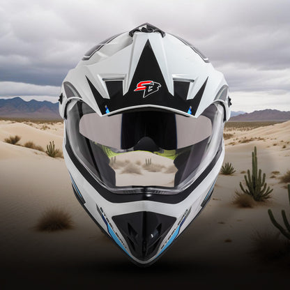 Steelbird Racer Off Road ISI Certified Motocross Double Visor Full Face Graphic Helmet Outer Clear Visor and Inner Silver Sun Shield (Glossy White Grey)