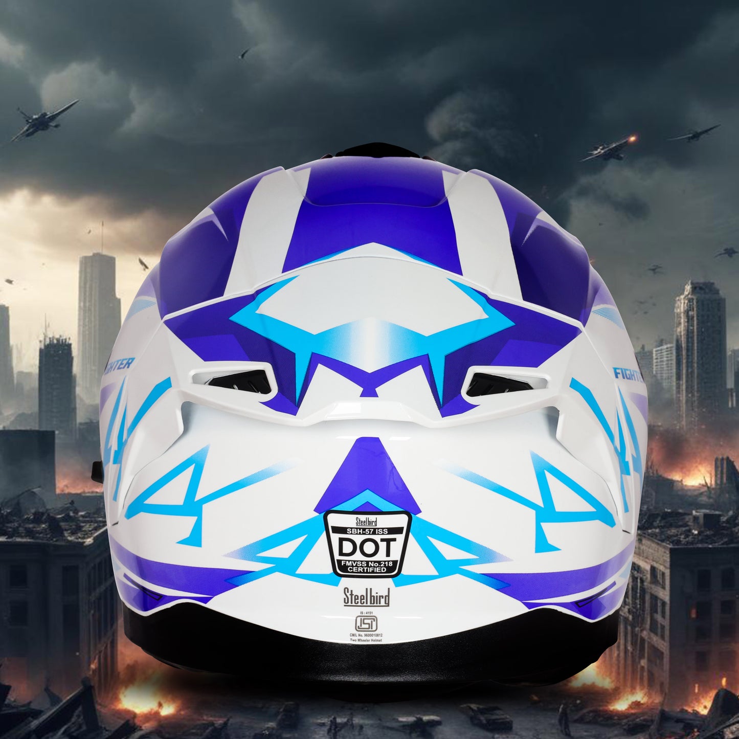 Steelbird SBH-57 Fighter F4 ISI and DOT Certified Full Face Helmet for Men and Women with Inner Silver Sun Shield  (Glossy White Sky Blue)