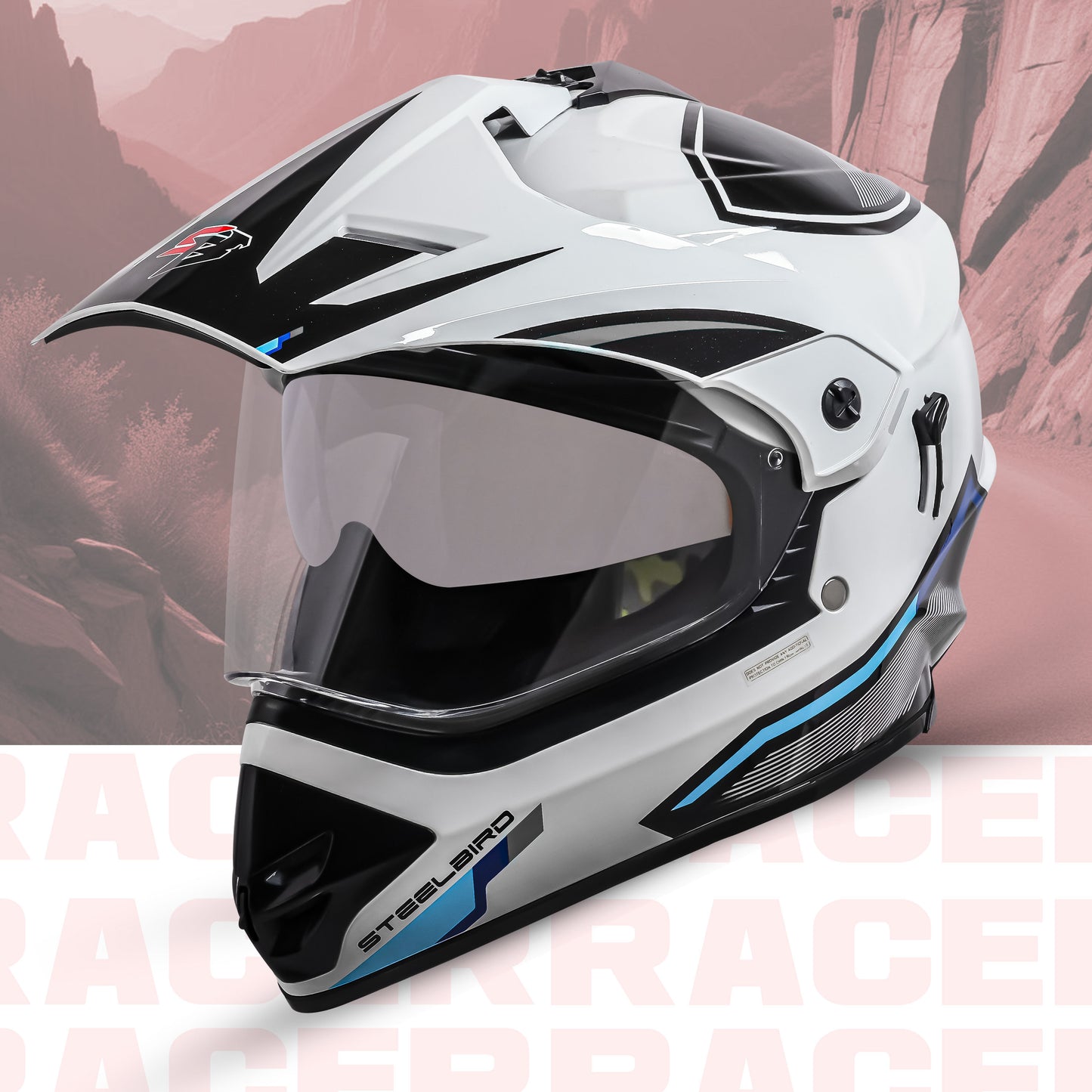 Steelbird Racer Off Road ISI Certified Motocross Double Visor Full Face Graphic Helmet Outer Clear Visor and Inner Silver Sun Shield (Glossy White Grey)
