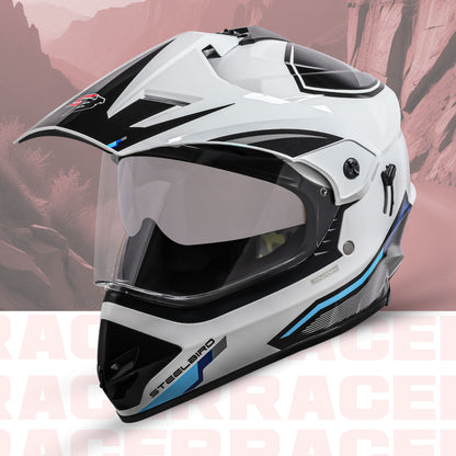 Steelbird Racer Off Road ISI Certified Motocross Double Visor Full Face Graphic Helmet Outer Clear Visor and Inner Silver Sun Shield (Glossy White Grey)