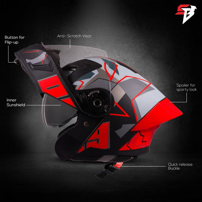 Steelbird SBA-20 02 ISI Certified Flip-Up Graphic Helmet for Men and Women with Inner Chrome Sun Shield .(Glossy Black Red with Smoke Visor)