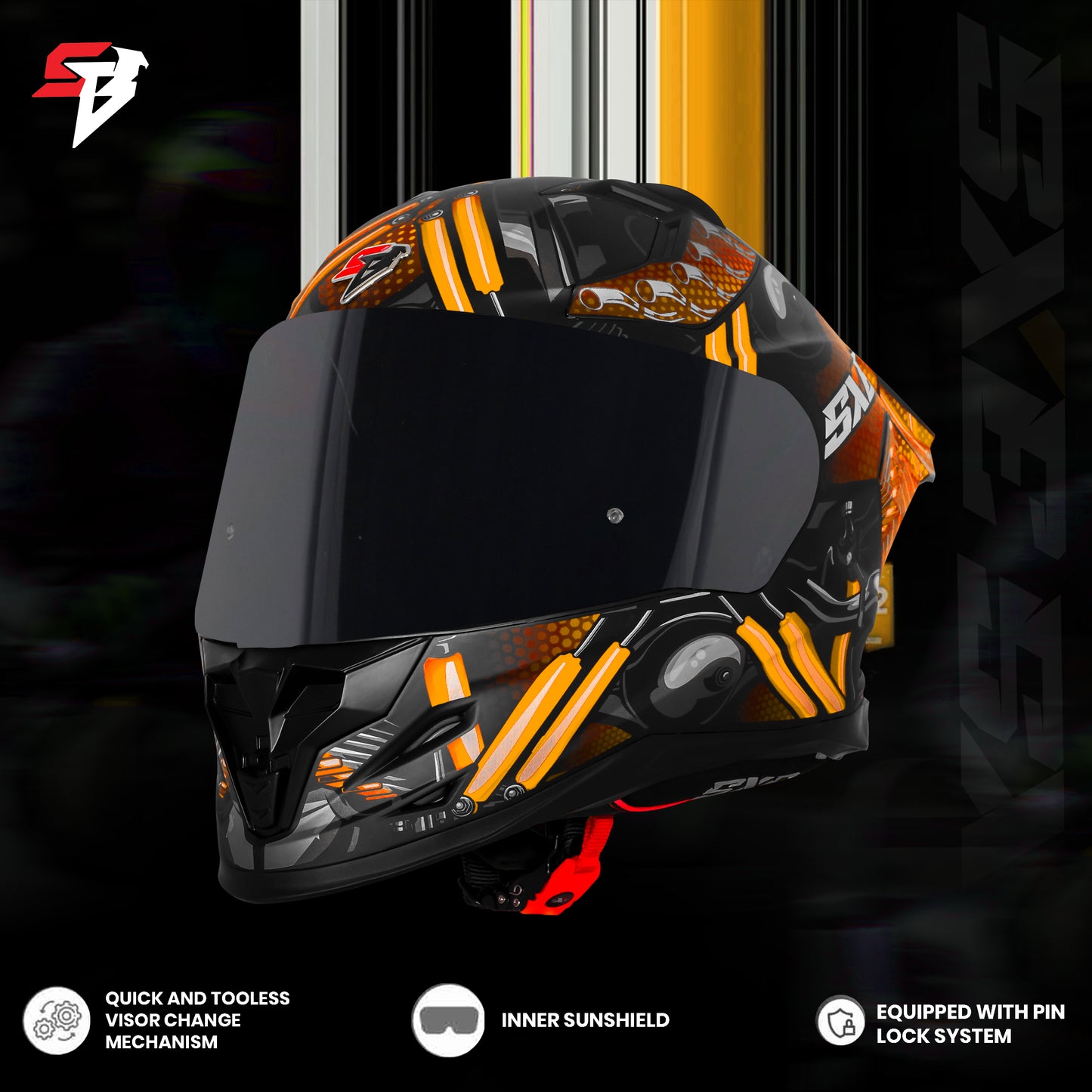 Steelbird SBH-61 SXE X2 Pinlock ISI and Dot Certified Full Face Helmet for Men and with Inner Silver Sunshield (Glossy Black Neon with Smoke Visor)