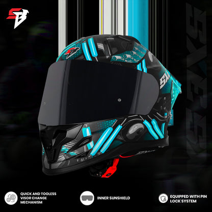 Steelbird SBH-61 SXE X2 Pinlock ISI and Dot Certified Full Face Helmet for Men and with Inner Silver Sunshield (Glossy Black Cyan Green with Smoke Visor)