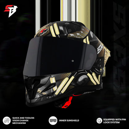 Steelbird SBH-61 SXE X2 Pinlock ISI and Dot Certified Full Face Helmet for Men and with Inner Silver Sunshield (Glossy Black Golden with Smoke Visor)