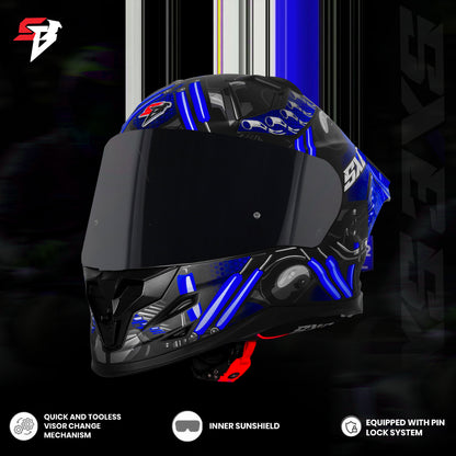 Steelbird SBH-61 SXE X2 Pinlock ISI and Dot Certified Full Face Helmet for Men and with Inner Silver Sunshield (Glossy Black Blue with Smoke Visor)