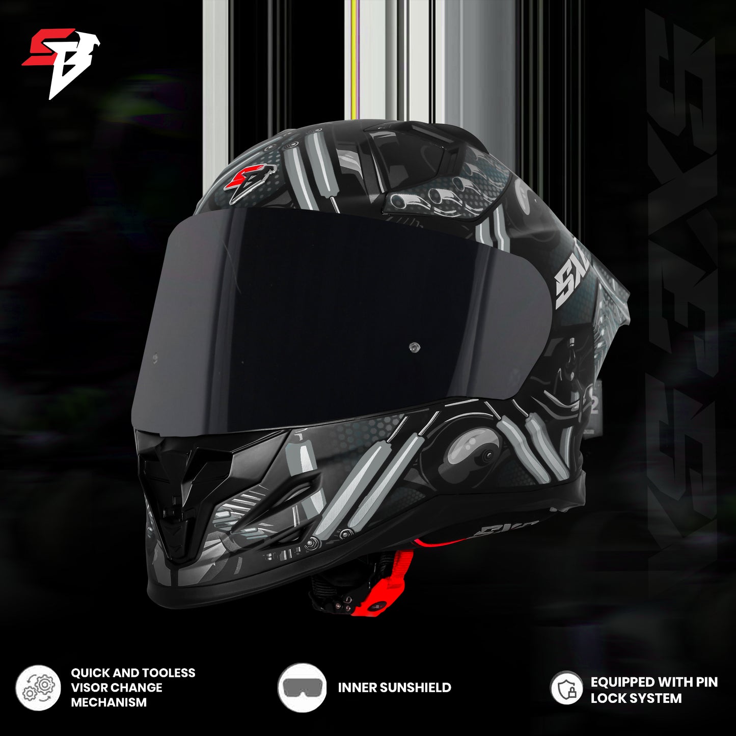 Steelbird SBH-61 SXE X2 Pinlock ISI and Dot Certified Full Face Helmet for Men and with Inner Silver Sunshield (Glossy Black Grey with Smoke Visor)