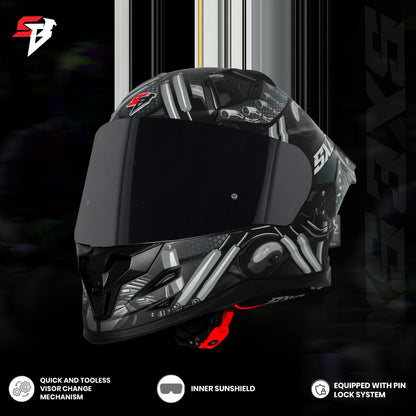 Steelbird SBH-61 SXE X2 Pinlock ISI and Dot Certified Full Face Helmet for Men and with Inner Silver Sunshield (Glossy Black Grey with Smoke Visor)