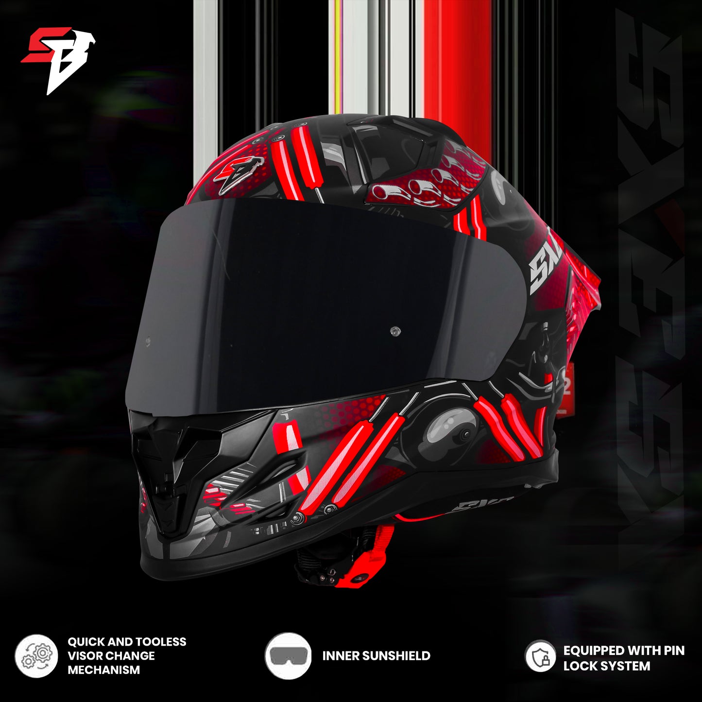 Steelbird SBH-61 SXE X2 Pinlock ISI and Dot Certified Full Face Helmet for Men and with Inner Silver Sunshield (Glossy Black Red with Smoke Visor)