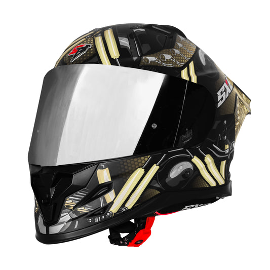 Steelbird SBH 61 SXE X2 ISI and Dot Certified Full Face Helmet for Men and with Inner Silver Sunshield (Glossy Black Golden)