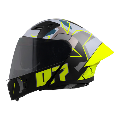 Steelbird SBA-20 07  ISI Certified Flip-Up Graphic Helmet for Men and Women with Inner Chrome Sun Shield .(Glossy Black Neon with Smoke Visor).