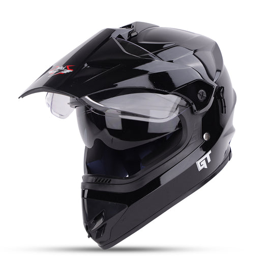 Steelbird GT Off Road ISI Certified Motocross Double Visor Full Face Helmet Outer Clear Visor and Inner Smoke Sun Shield.(Glossy Black)