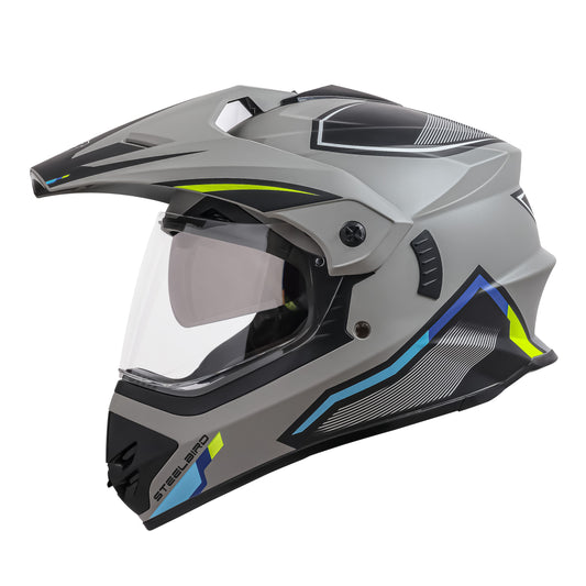 Steelbird Racer Off Road ISI Certified Motocross Double Visor Full Face Graphic Helmet Outer Clear Visor and Inner Silver Sun Shield (Glossy Grey Neon)