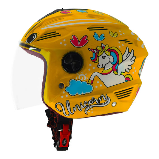 Steelbird SBA-6 Unicorn ISI Certified Open Face Graphic Helmet for Women and Kids (Matt Yellow with Clear Visor) Regular