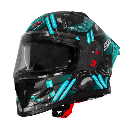 Steelbird SBH-61 SXE X2 Pinlock ISI and Dot Certified Full Face Helmet for Men and with Inner Silver Sunshield (Glossy Black Cyan Green with Anti fog Shield)