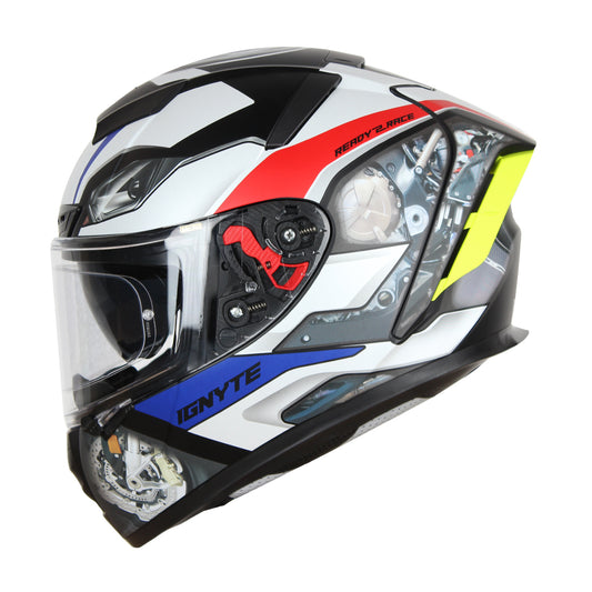 Ignyte IGN-4 Machine ISI/DOT Certified Full Face Graphic Helmet with Outer Anti-Fog Clear Visor and Inner Smoke Sun Shield (Glossy White Blue)