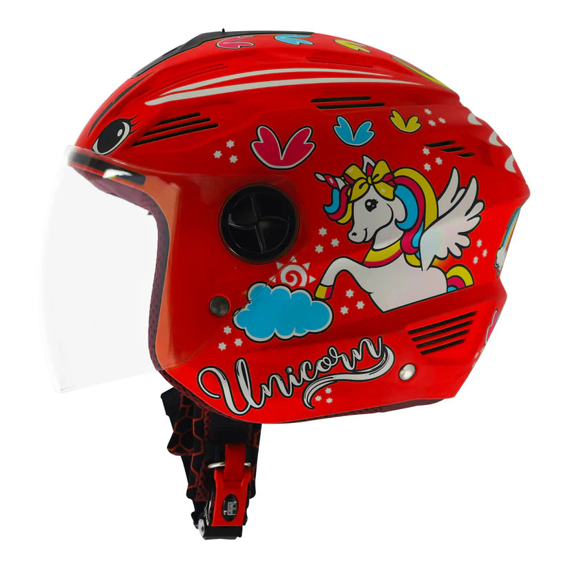 Steelbird SBA-6 Unicorn ISI Certified Open Face Graphic Helmet for Women and Kids (Matt Red with Clear Visor) Regular.