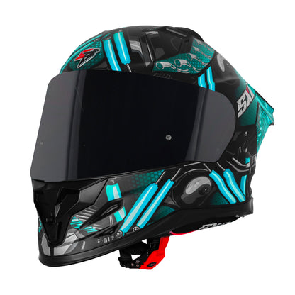 Steelbird SBH-61 SXE X2 Pinlock ISI and Dot Certified Full Face Helmet for Men and with Inner Silver Sunshield (Glossy Black Cyan Green with Smoke Visor)