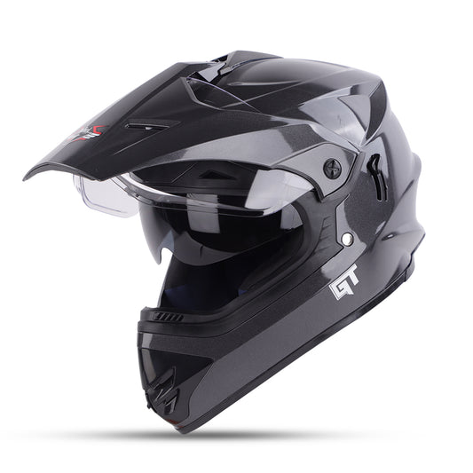 Steelbird GT Off Road ISI Certified Motocross Double Visor Full Face Helmet Outer Clear Visor and Inner Smoke Sun Shield.(Glossy Axis Grey)