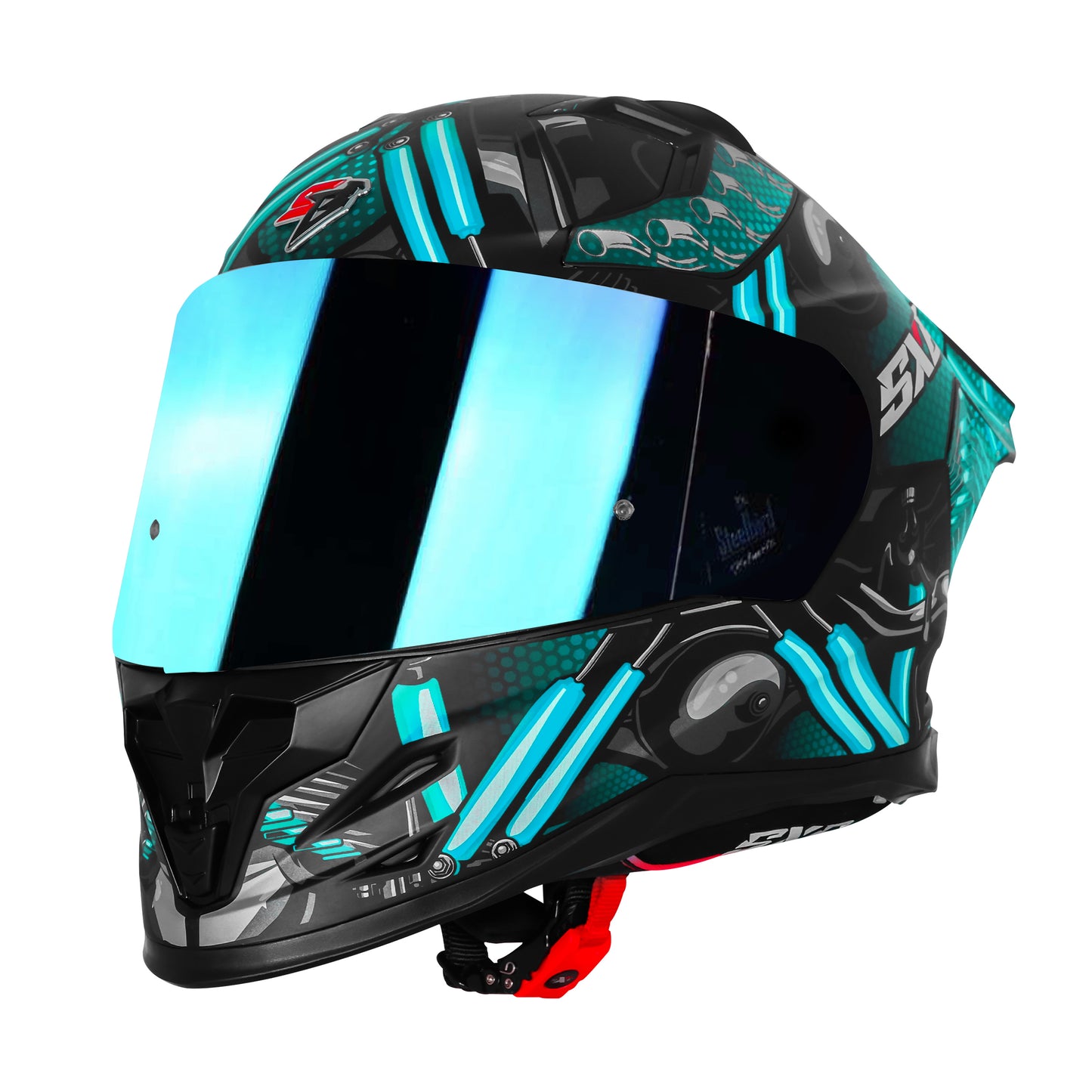 Steelbird SBH 61 SXE X2 ISI and Dot Certified Full Face Helmet for Men and with Inner Silver Sunshield (Glossy Black Cyan Green)