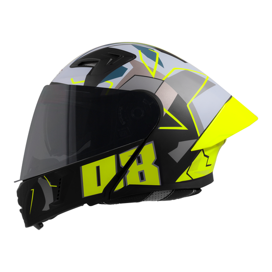 Steelbird SBA-20 08 ISI Certified Flip-Up Graphic Helmet for Men and Women with Inner Chrome Sun Shield .(Glossy Black Neon with Smoke Visor).