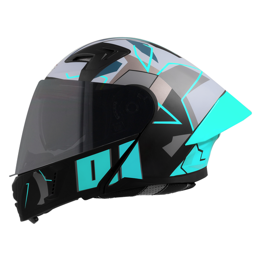 Steelbird SBA-20 01 ISI Certified Flip-Up Graphic Helmet for Men and Women with Inner Chrome Sun Shield. (Glossy Black Jazz Blue with Smoke Visor)