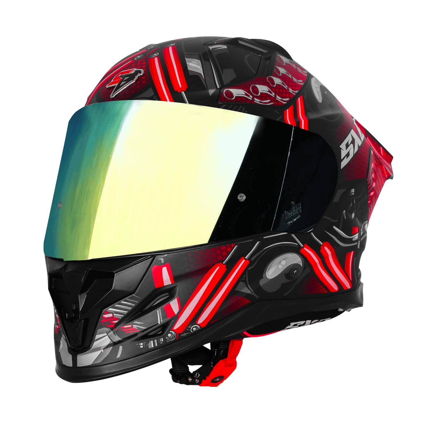 Steelbird SBH 61 SXE X2 ISI and Dot Certified Full Face Helmet for Men and with Inner Silver Sunshield (Glossy Black Red)