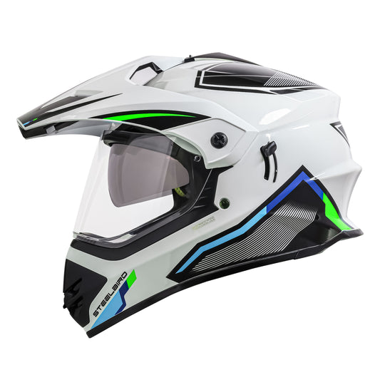 Steelbird Racer Off Road ISI Certified Motocross Double Visor Full Face Graphic Helmet Outer Clear Visor and Inner Silver Sun Shield (Glossy White Green)
