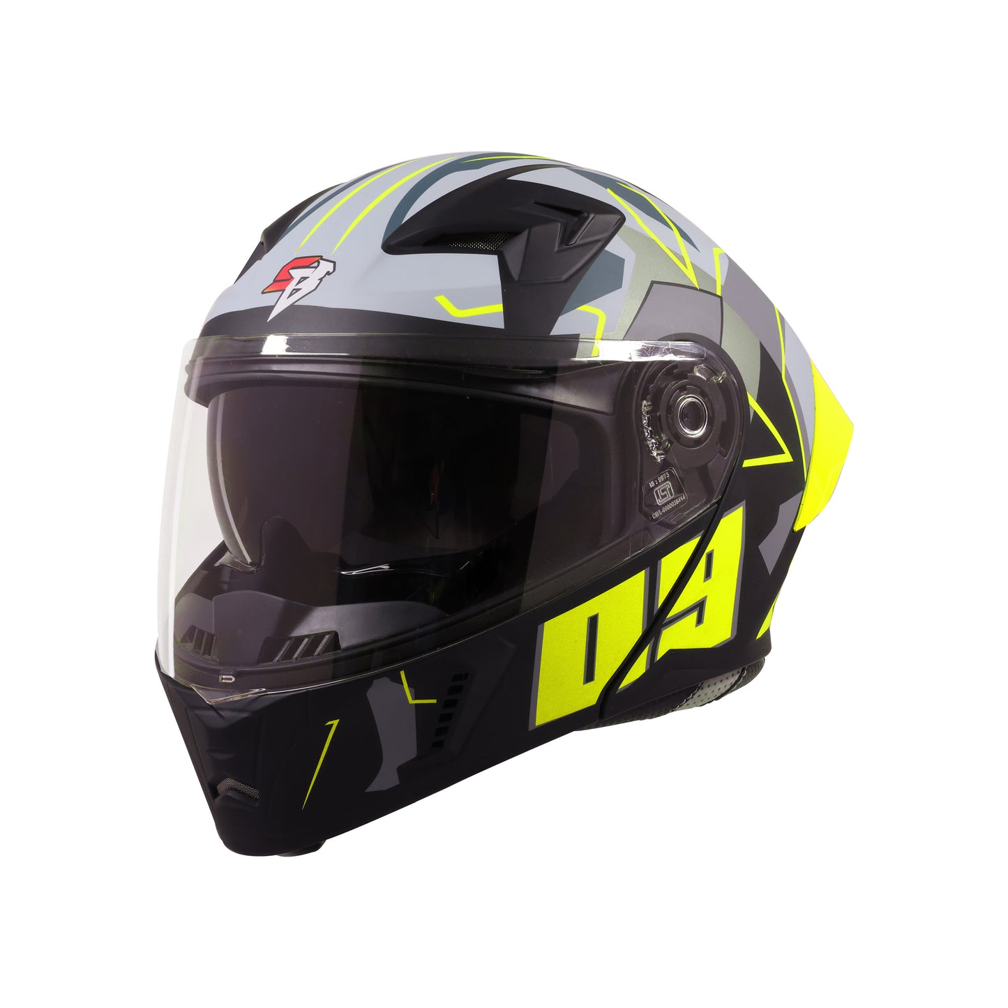 Steelbird SBA-20 09 ISI Certified Flip-Up Graphic Helmet for Men and Women with Inner Chrome Sun Shield .(Glossy Black Neon with Smoke Visor)