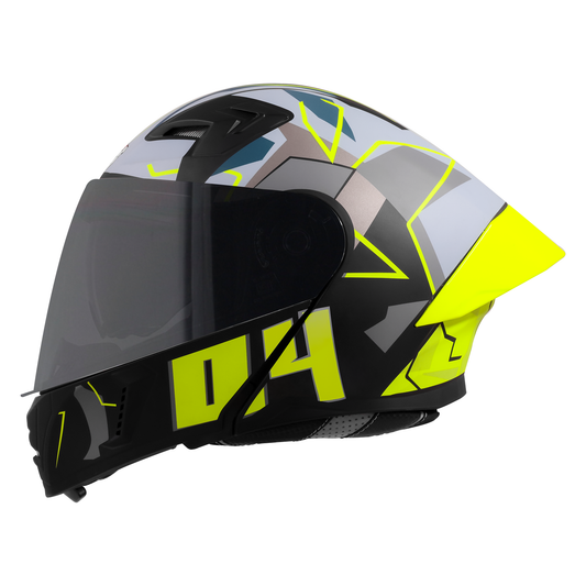 Steelbird SBA-20 04  ISI Certified Flip-Up Graphic Helmet for Men and Women with Inner Chrome Sun Shield .(Glossy Black Neon with Smoke Visor).