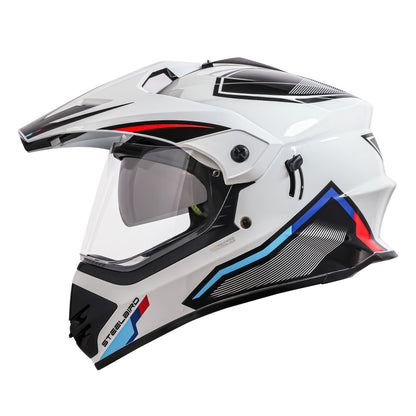 Steelbird Racer Off Road ISI Certified Motocross Double Visor Full Face Graphic Helmet Outer Clear Visor and Inner Silver Sun Shield (Glossy White Red)