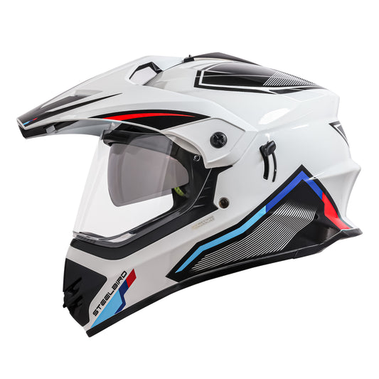 Steelbird Racer Off Road ISI Certified Motocross Double Visor Full Face Graphic Helmet Outer Clear Visor and Inner Silver Sun Shield (Glossy White Red)