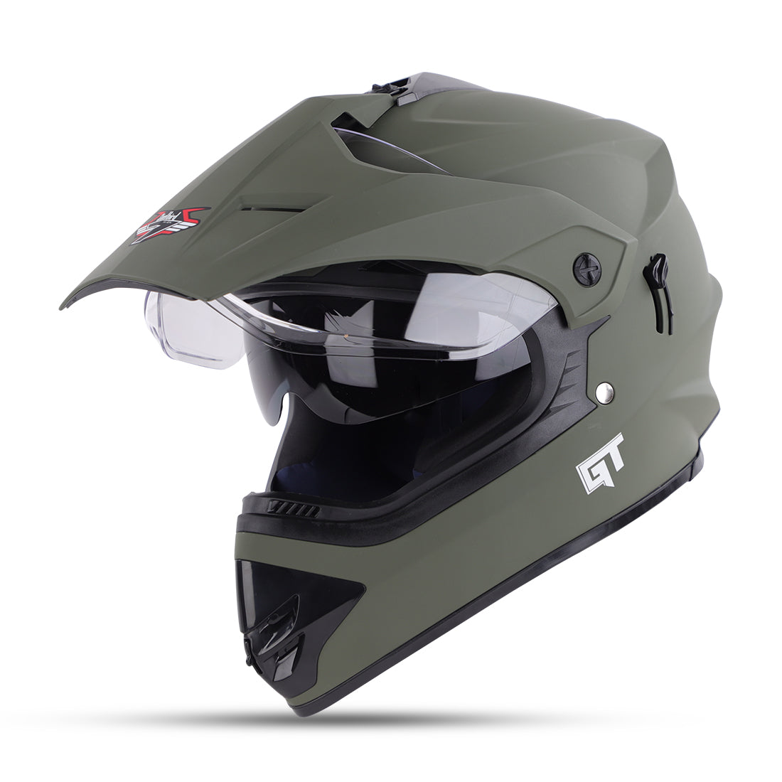 Steelbird GT Off Road ISI Certified Motocross Double Visor Full Face Helmet Outer Clear Visor and Inner Smoke Sun Shield.Matt Battle Green