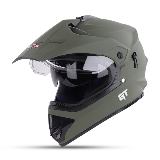 Steelbird GT Off Road ISI Certified Motocross Double Visor Full Face Helmet Outer Clear Visor and Inner Smoke Sun Shield.Matt Battle Green