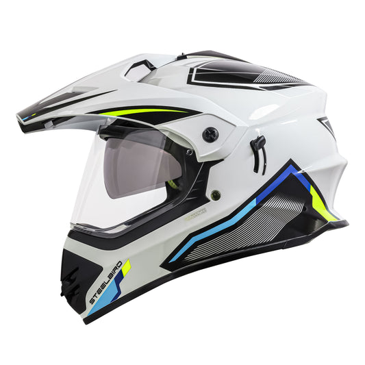 Steelbird Racer Off Road ISI Certified Motocross Double Visor Full Face Graphic Helmet Outer Clear Visor and Inner Silver Sun Shield (Glossy White Neon)